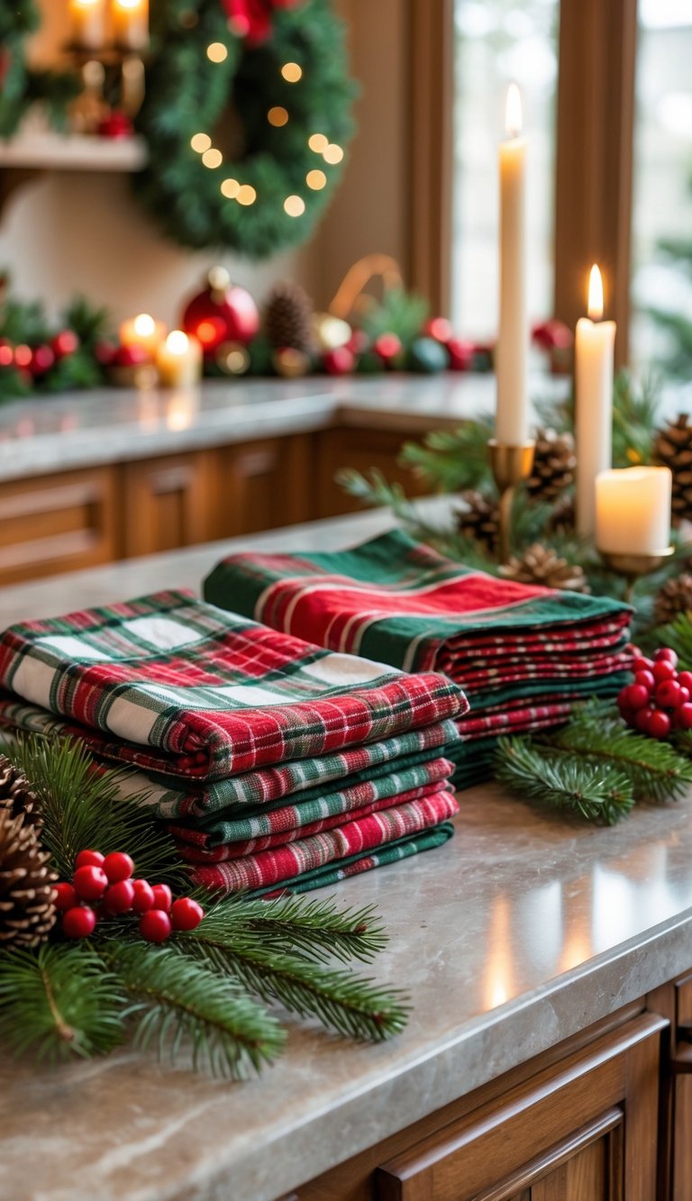 Plaid fabric napkins arranged on a kitchen island decorated with Christmas greenery and candles.