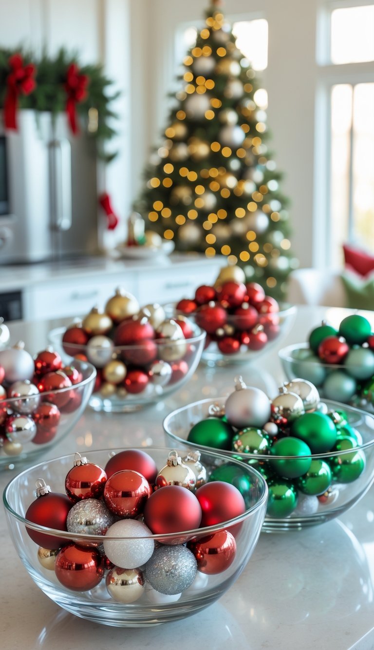 Glass bowls filled with Christmas ornaments arranged on a kitchen island.