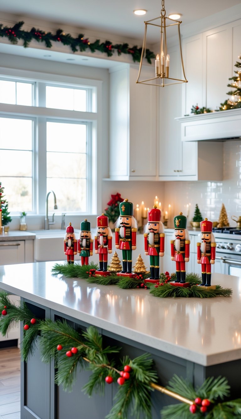 A kitchen island and countertops decorated with miniature nutcracker figurines and Christmas decorations.