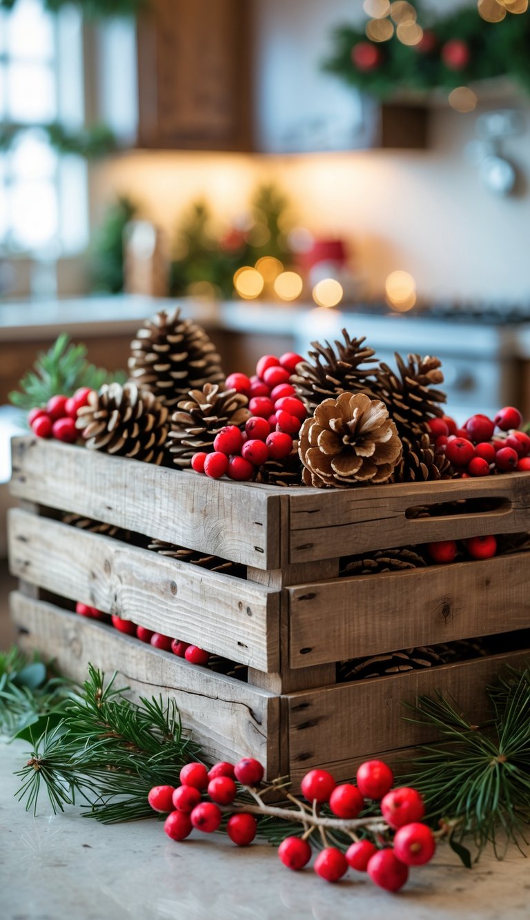 A wooden crate on a kitchen island filled with pine cones and red berries as Christmas decor.