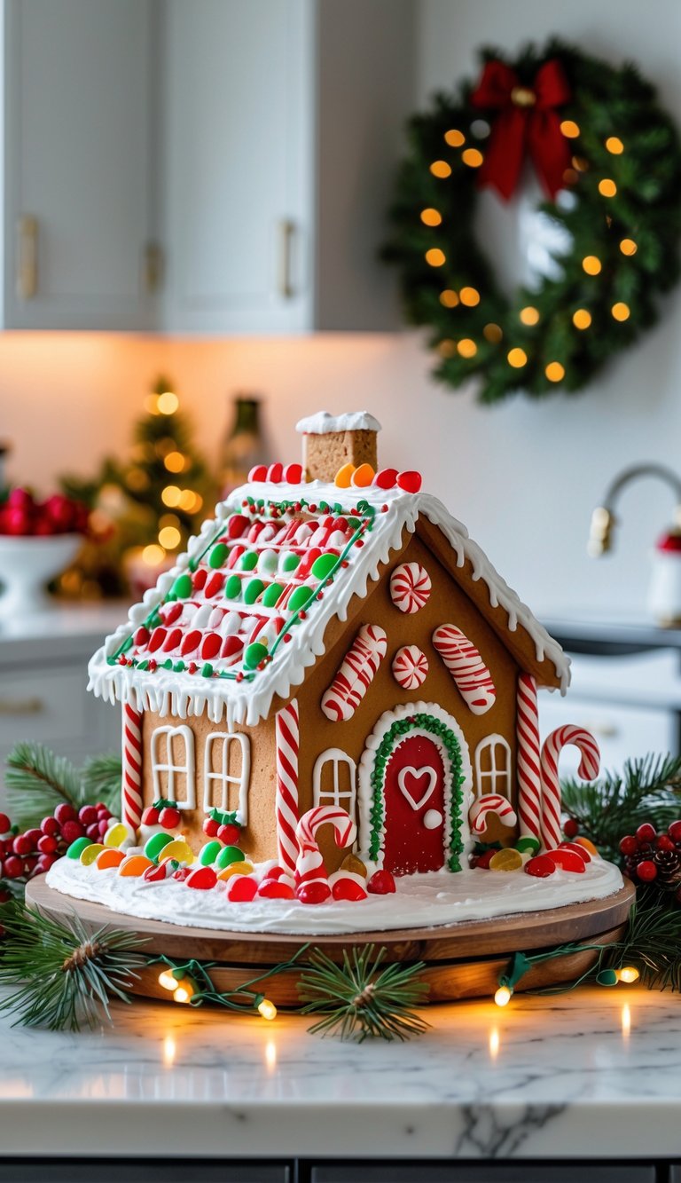 A gingerbread house decorated with candy and icing sits on a kitchen island surrounded by Christmas decorations and warm lights.