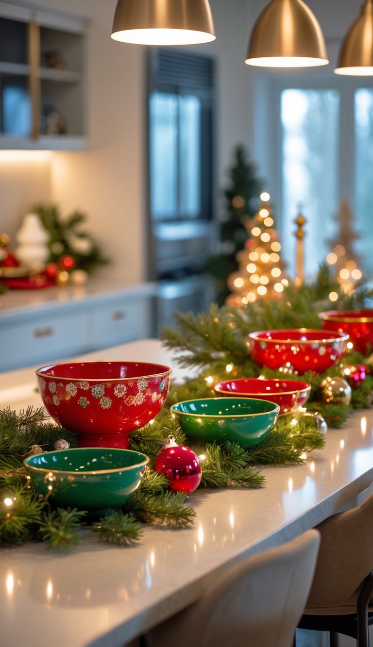 Kitchen island with red and green ceramic bowls and Christmas decorations.