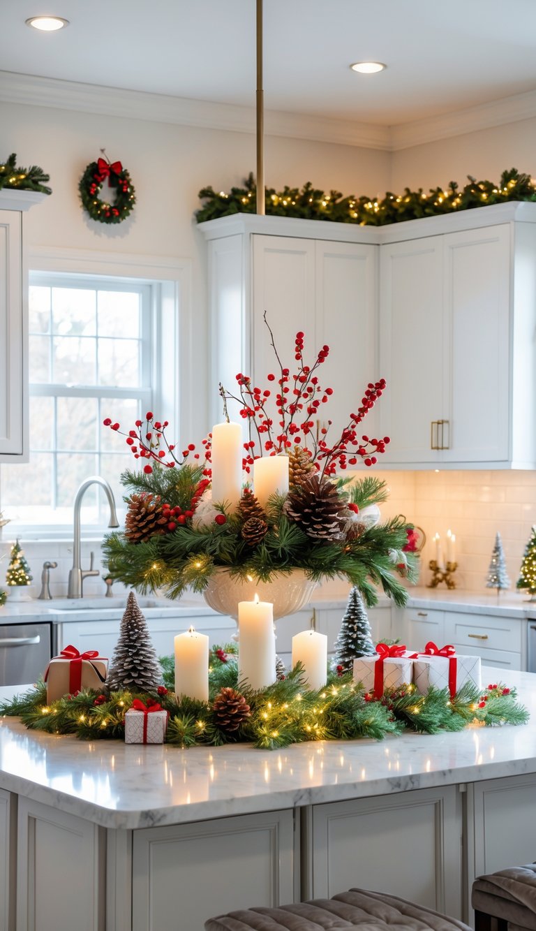 A modern kitchen with a large kitchen island decorated with Christmas greenery, candles, and ornaments in a bright and cozy setting.