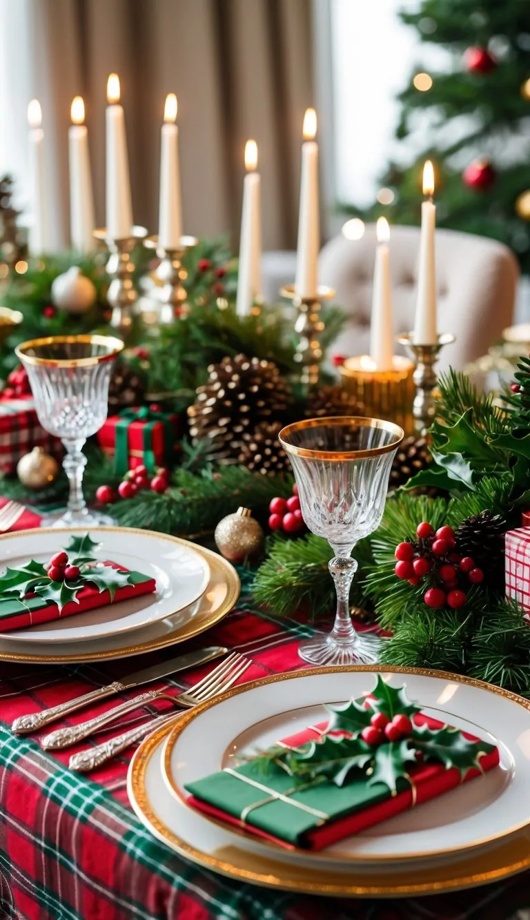 21 Christmas Tablescape Ideas: Simple, Stunning, and Stress-Free 2 A Christmas dining table set with red and green tartan tablecloth, decorated with evergreen garlands, candles, and festive ornaments.