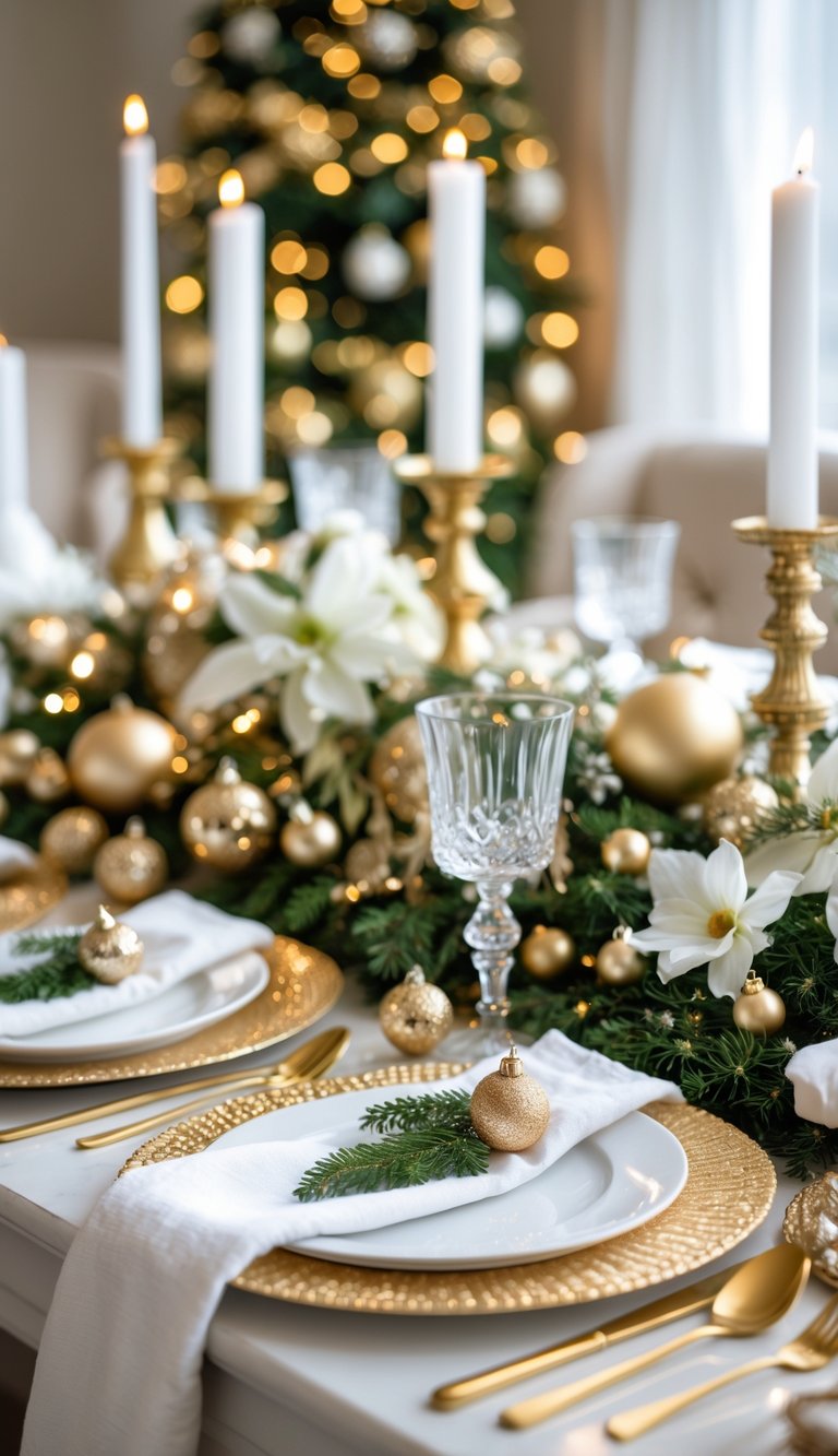 21 Christmas Tablescape Ideas: Simple, Stunning, and Stress-Free 3 A Christmas table set with white plates, gold cutlery, crystal glasses, white candles, gold ornaments, and greenery.