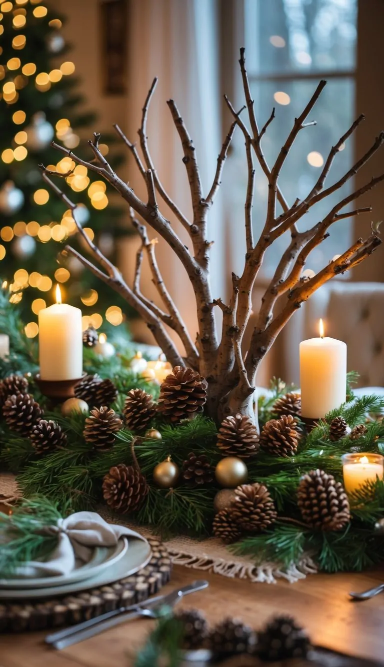 21 Christmas Tablescape Ideas: Simple, Stunning, and Stress-Free 4 A rustic Christmas table with a centerpiece of tree branches and pinecones surrounded by candles and greenery.