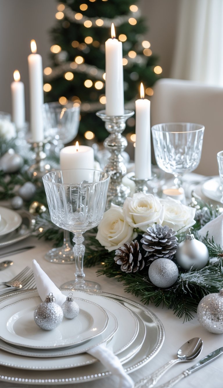21 Christmas Tablescape Ideas: Simple, Stunning, and Stress-Free 5 A beautifully arranged Christmas table set with white dishes, silver cutlery, candles, and winter-themed decorations.