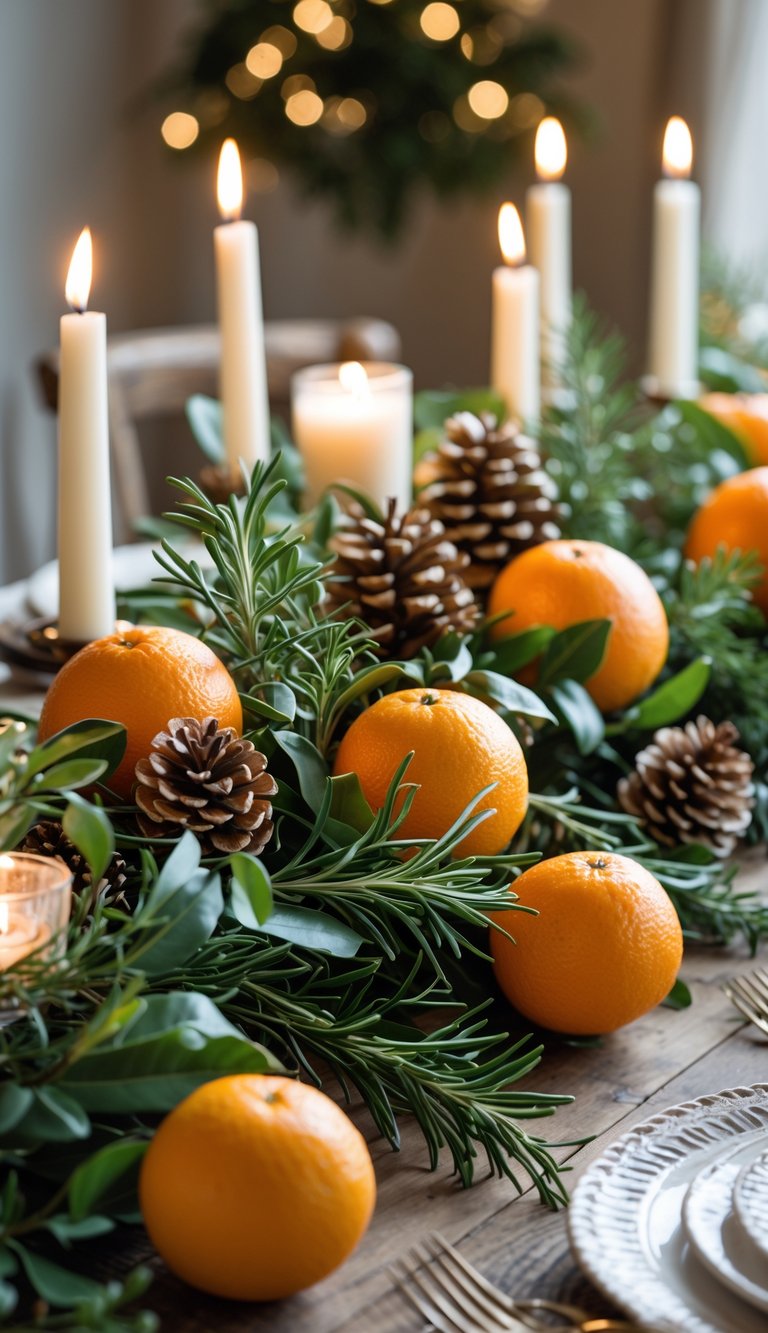 21 Christmas Tablescape Ideas: Simple, Stunning, and Stress-Free 6 A Christmas table decorated with fresh rosemary, whole oranges, greenery, pine cones, and candles.