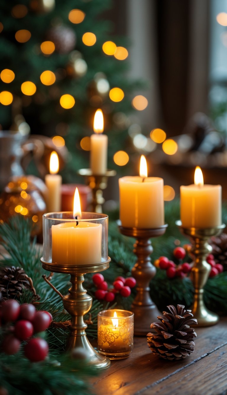 21 Christmas Tablescape Ideas: Simple, Stunning, and Stress-Free 7 A Christmas table decorated with lit candles in vintage holders surrounded by pine branches, berries, and pine cones.