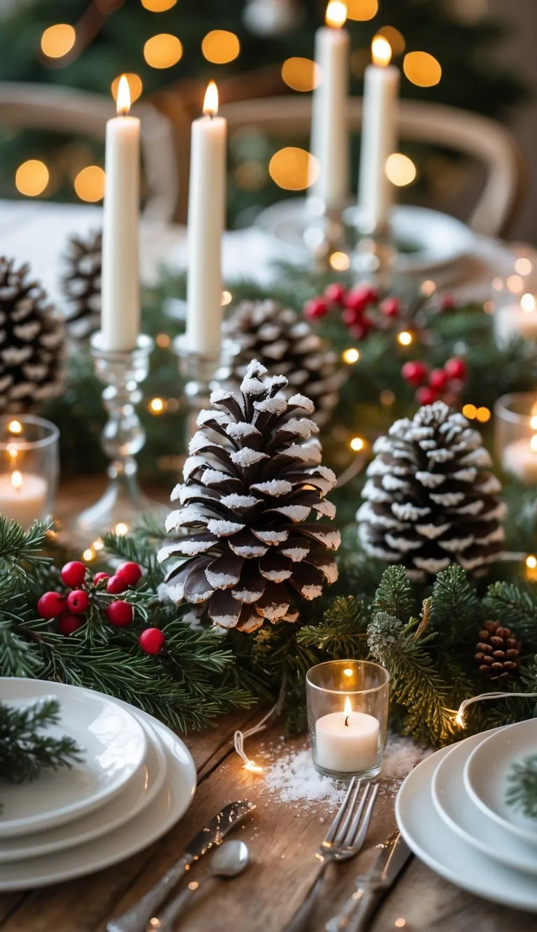 21 Christmas Tablescape Ideas: Simple, Stunning, and Stress-Free 8 A Christmas table decorated with snowy pinecones, evergreen branches, red berries, candles, and plates arranged for a festive meal.