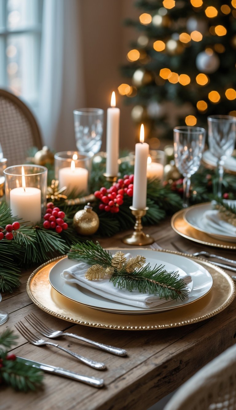 21 Christmas Tablescape Ideas: Simple, Stunning, and Stress-Free 11 A Christmas dining table set with metallic chargers and white plates surrounded by holiday decorations like pine branches, red berries, and candles.