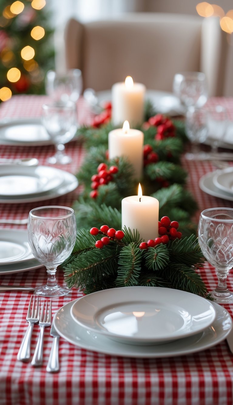 21 Christmas Tablescape Ideas: Simple, Stunning, and Stress-Free 12 A Christmas dining table with a red and white gingham tablecloth and a simple centerpiece of pine branches, red berries, and white candles.