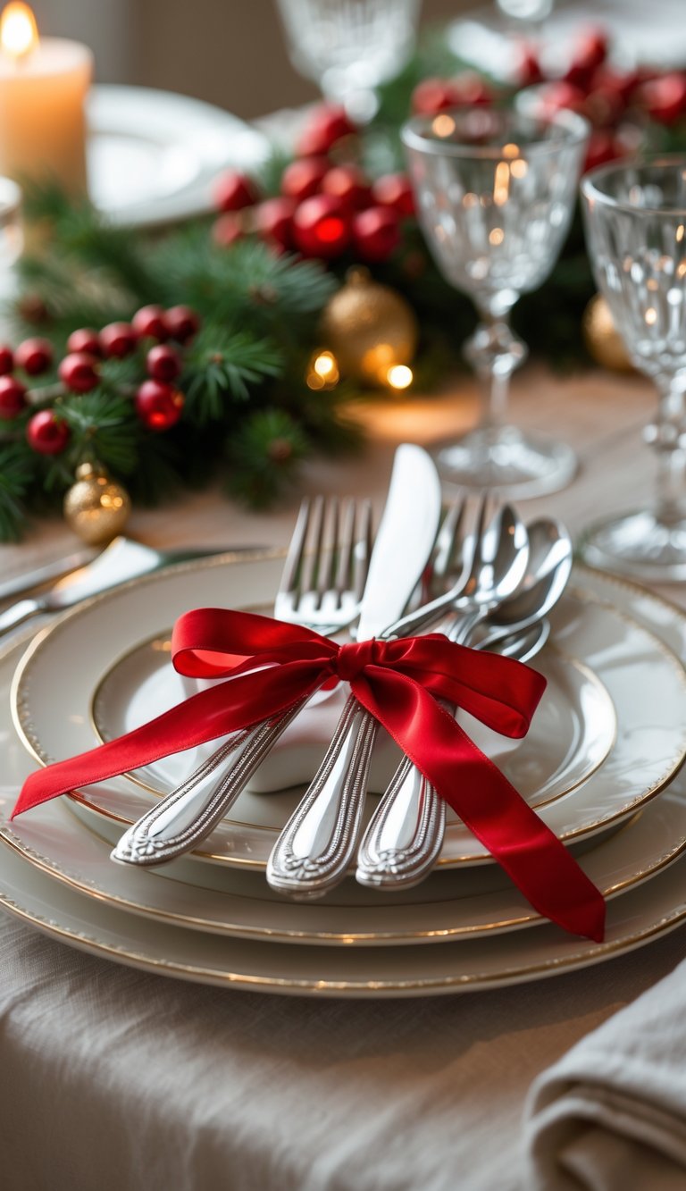 21 Christmas Tablescape Ideas: Simple, Stunning, and Stress-Free 13 A Christmas dining table with cutlery tied by red ribbons, surrounded by festive decorations and warm lighting.