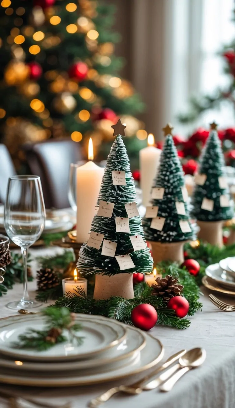 21 Christmas Tablescape Ideas: Simple, Stunning, and Stress-Free 14 A dining table decorated for Christmas with mini Christmas trees placed at each setting as place markers, surrounded by festive ornaments, candles, and greenery.