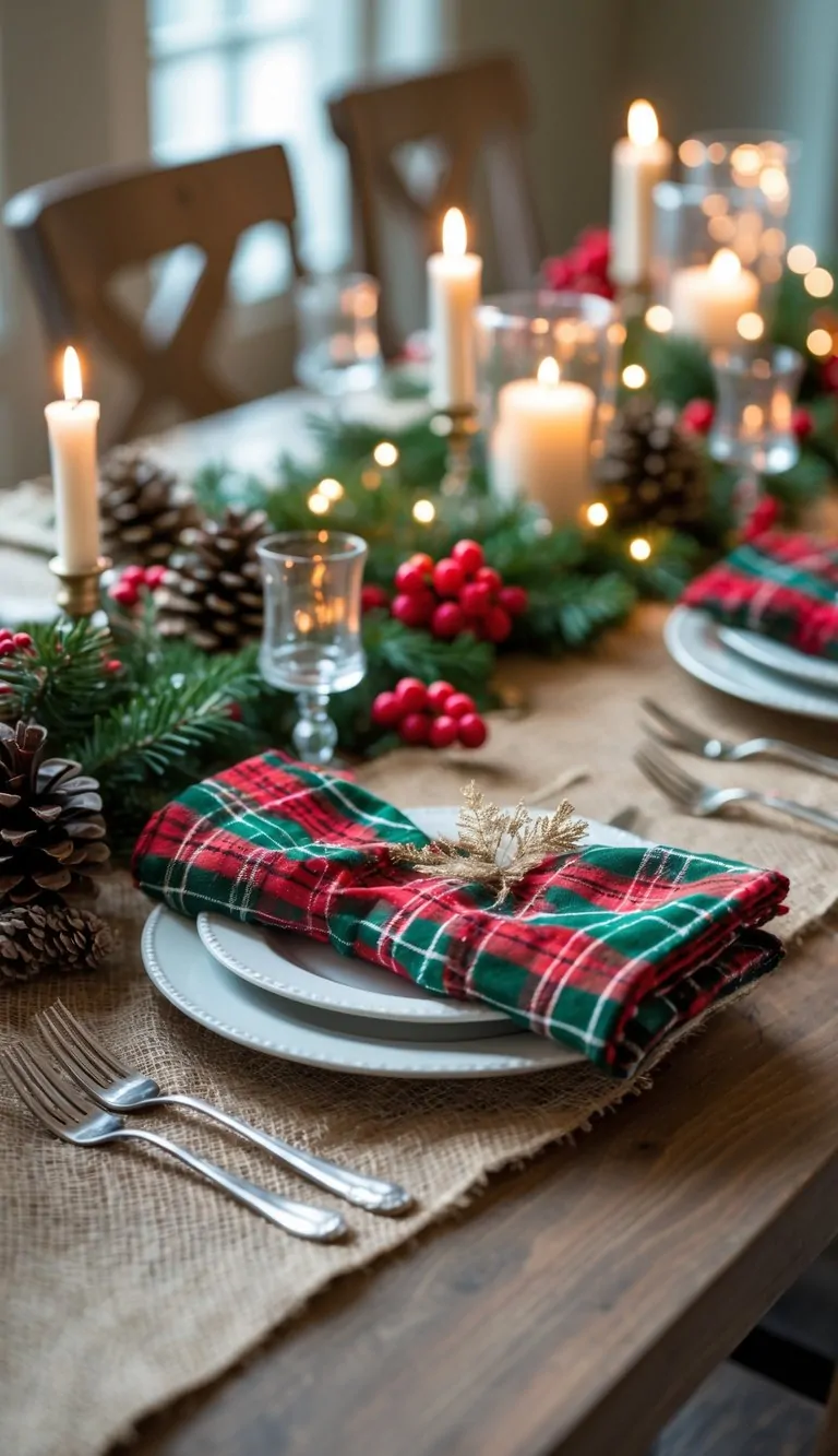 21 Christmas Tablescape Ideas: Simple, Stunning, and Stress-Free 16 A Christmas dining table with a burlap runner, plaid napkins, white plates, silver cutlery, pine cones, evergreen sprigs, red berries, and candles.