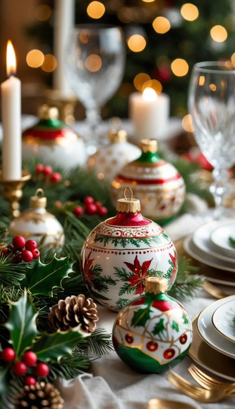 21 Christmas Tablescape Ideas: Simple, Stunning, and Stress-Free 17 A Christmas dining table decorated with hand-painted ceramic ornaments, pine branches, candles, and elegant tableware.