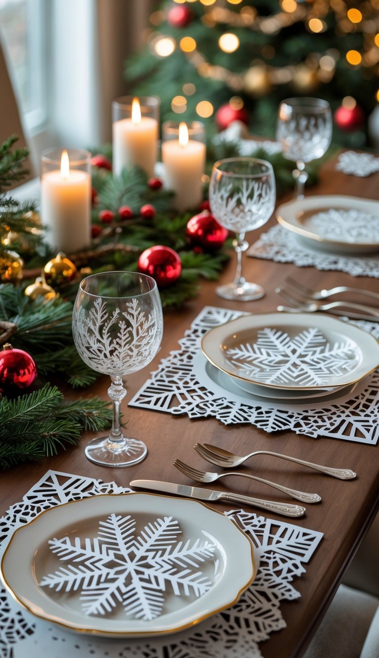 21 Christmas Tablescape Ideas: Simple, Stunning, and Stress-Free 18 A Christmas dining table set with snowflake laser-cut paper placemats, festive decorations, plates, silverware, and candles.