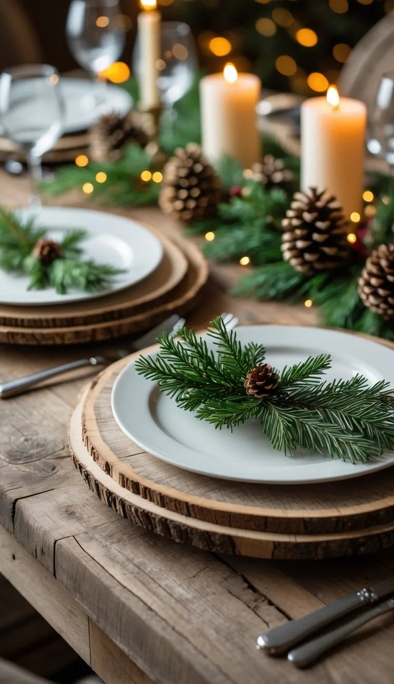 21 Christmas Tablescape Ideas: Simple, Stunning, and Stress-Free 20 A Christmas table set with rustic wooden chargers decorated with green sprigs, white plates, and silver cutlery, surrounded by festive decorations and warm lighting.