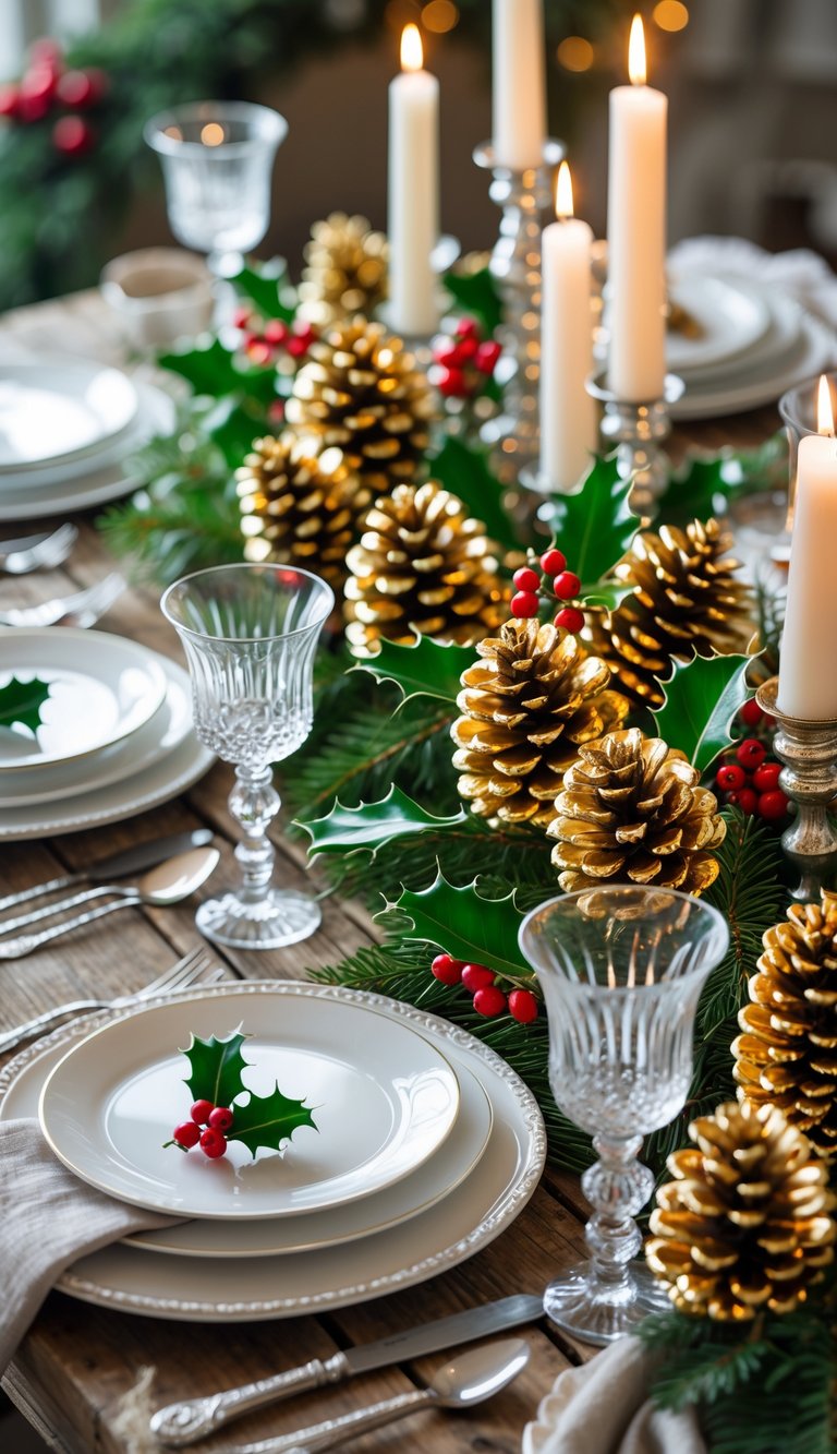 21 Christmas Tablescape Ideas: Simple, Stunning, and Stress-Free 21 A Christmas table set with gilded pinecones, holly leaves, red berries, white plates, crystal glasses, and lit candles on a wooden table.