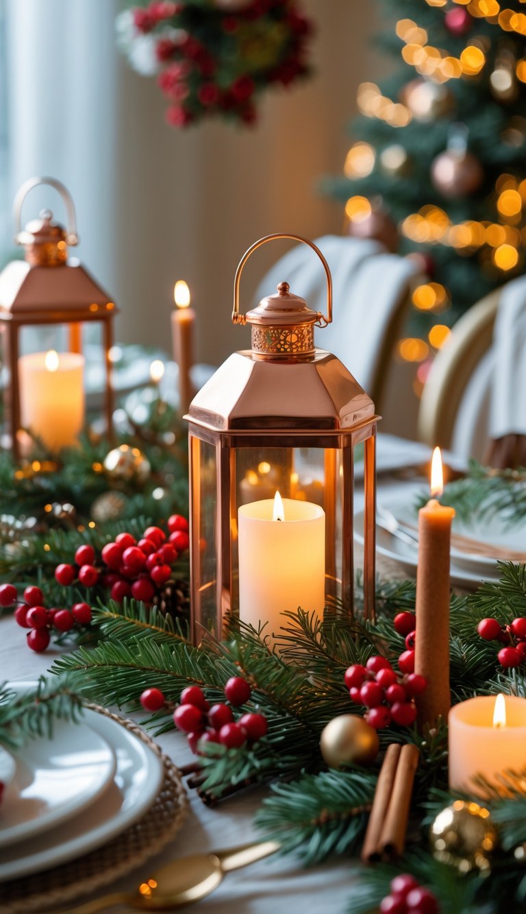 21 Christmas Tablescape Ideas: Simple, Stunning, and Stress-Free 22 A Christmas dining table decorated with warm copper lanterns containing LED candles, surrounded by festive greenery and holiday ornaments.