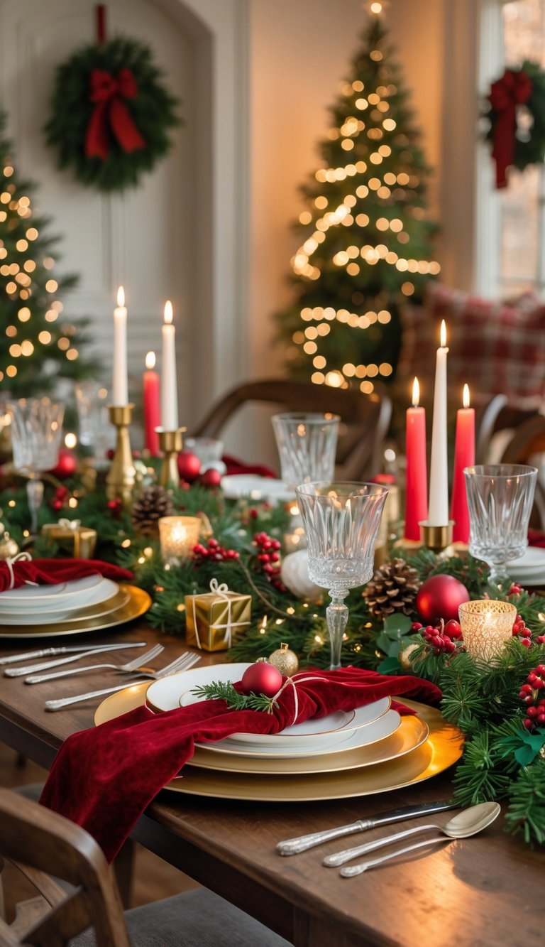 21 Christmas Tablescape Ideas: Simple, Stunning, and Stress-Free 23 A festive Christmas dining table set with dinnerware, candles, garlands, and holiday decorations in a warm, decorated room.