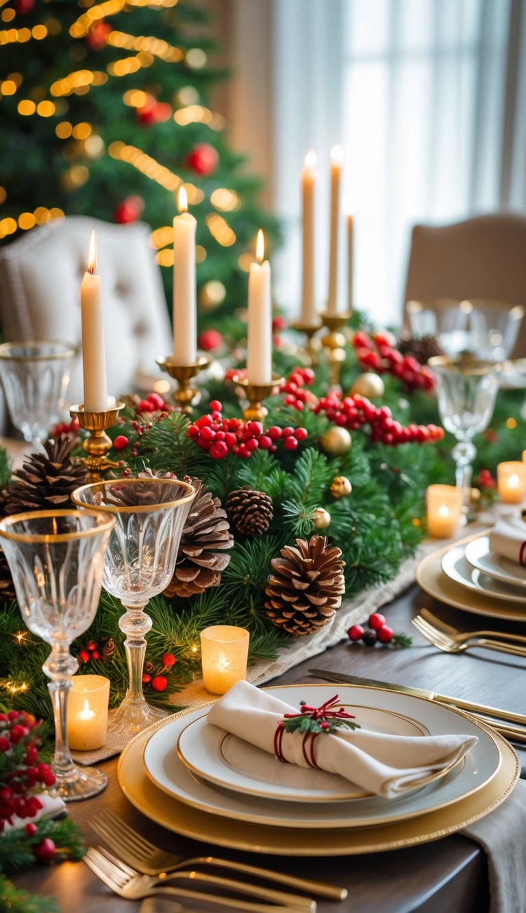 21 Christmas Tablescape Ideas: Simple, Stunning, and Stress-Free 24 A festive Christmas dining table set with elegant dinnerware, a pine and berry centerpiece, candles, and holiday decorations.