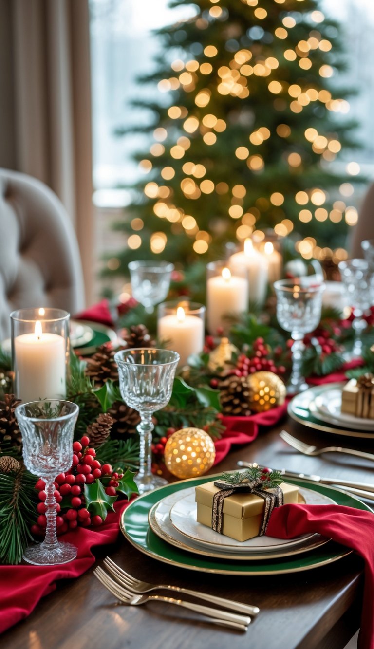 A beautifully decorated Christmas dining table with festive decorations, candles, and elegant place settings.