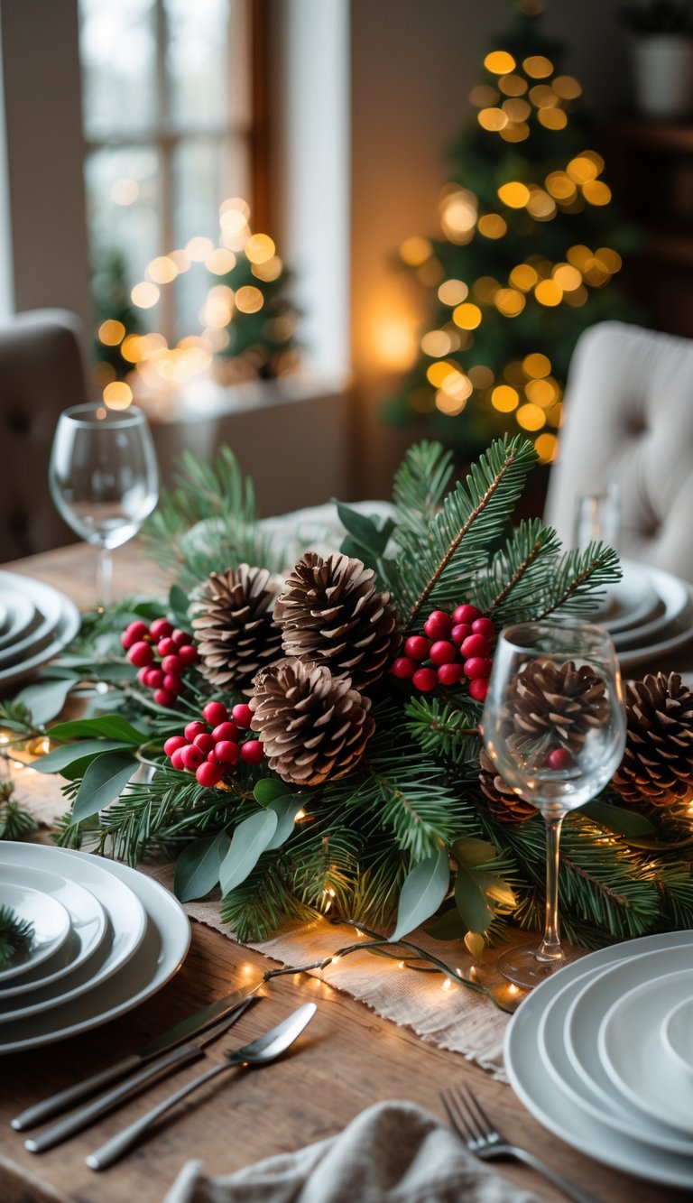 A rustic Christmas table centerpiece with pinecones, red berries, greenery, and warm lighting on a wooden table set for a holiday meal.