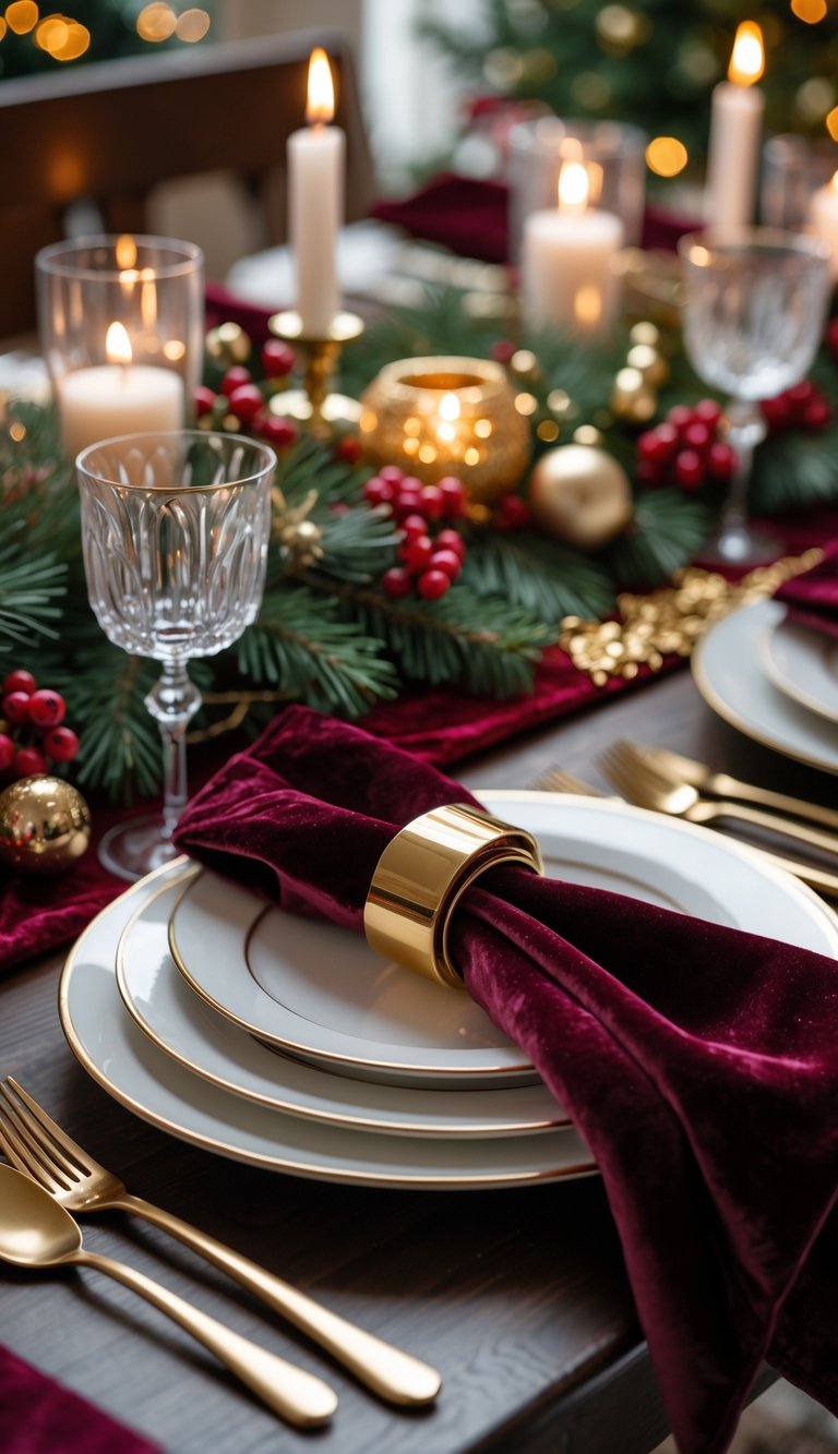 A Christmas dining table set with burgundy and gold velvet napkins, festive decorations, plates, cutlery, and candles.