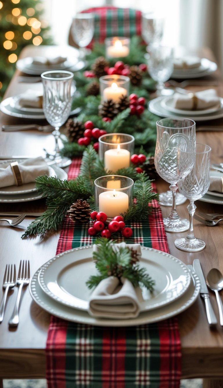 A Christmas dining table with a plaid fabric runner, plates, silverware, glasses, and holiday decorations.