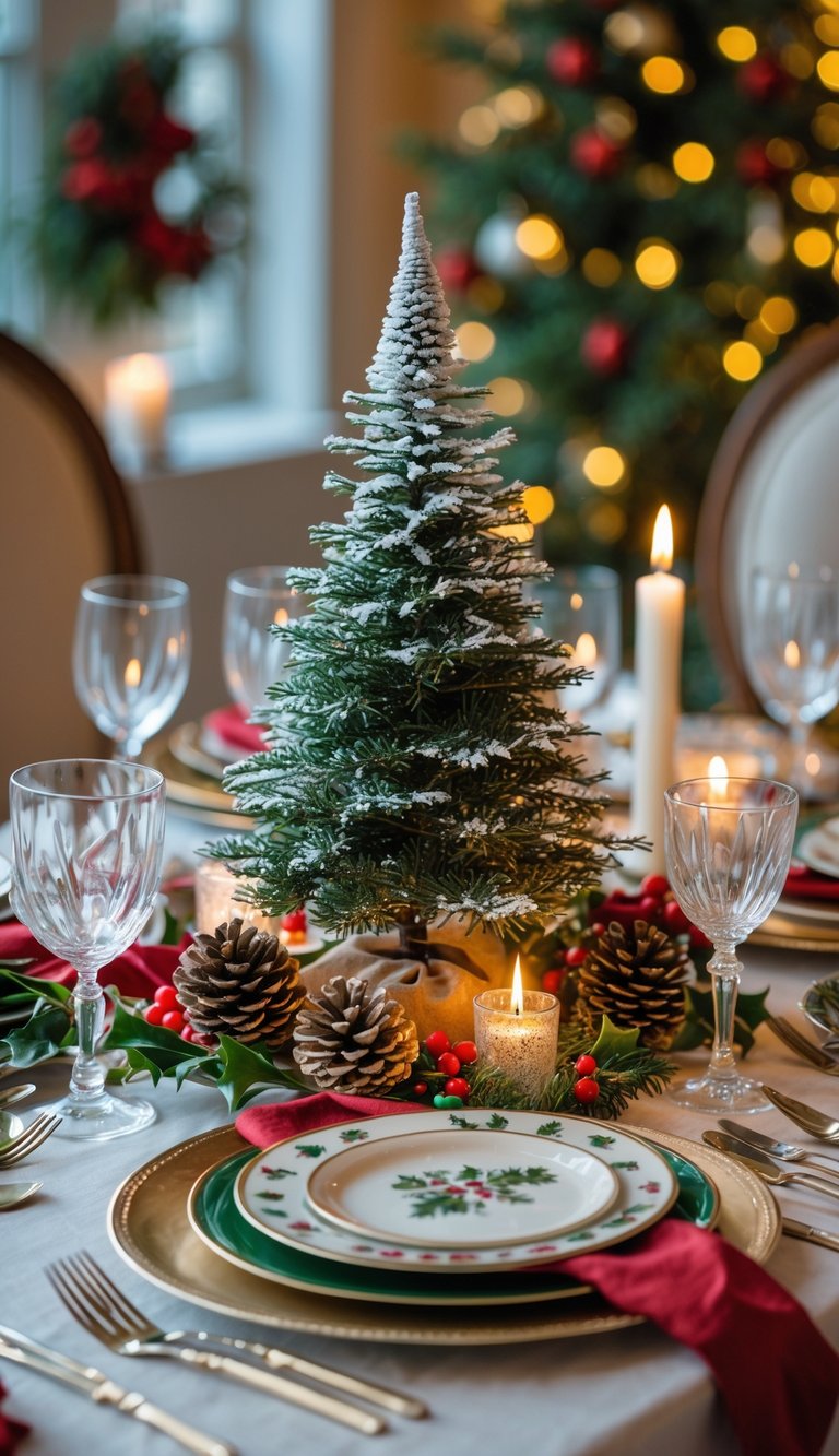 A dining table set for Christmas with a miniature Christmas tree centerpiece surrounded by festive decorations and table settings.