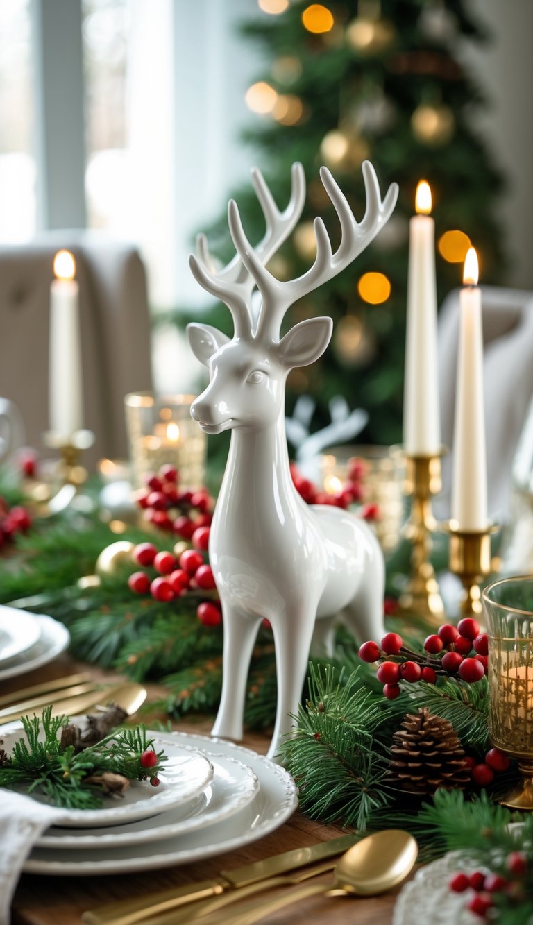 Christmas table decorated with white ceramic reindeer figurines, pine branches, candles, and festive tableware.
