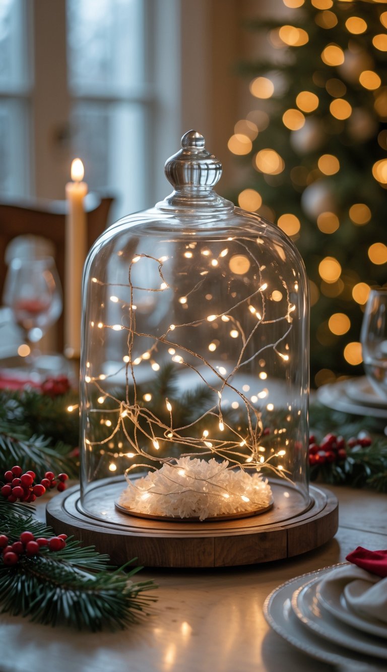 A glass cloche with glowing fairy lights on a decorated Christmas table surrounded by pine branches and red berries.
