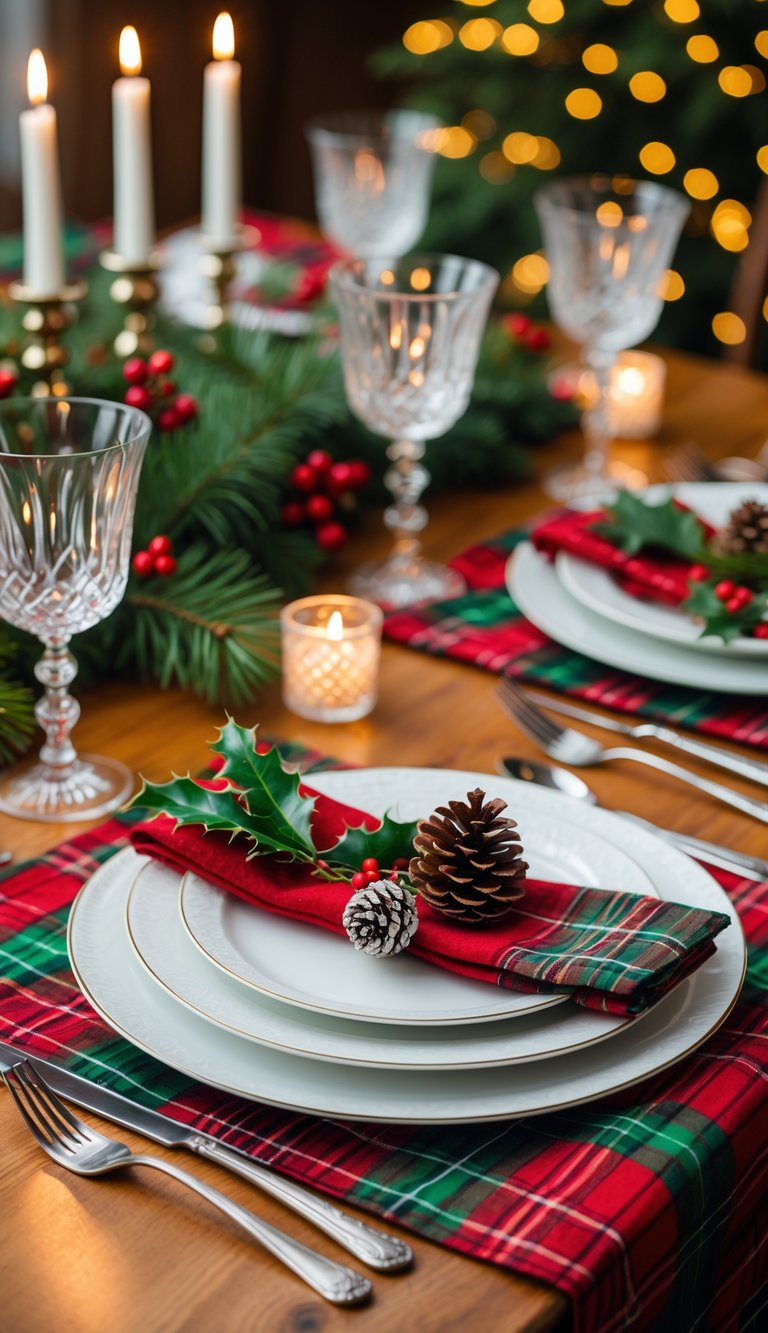Christmas dining table with red and green tartan placemats, white plates, silverware, glassware, and festive decorations including pinecones and evergreen sprigs.