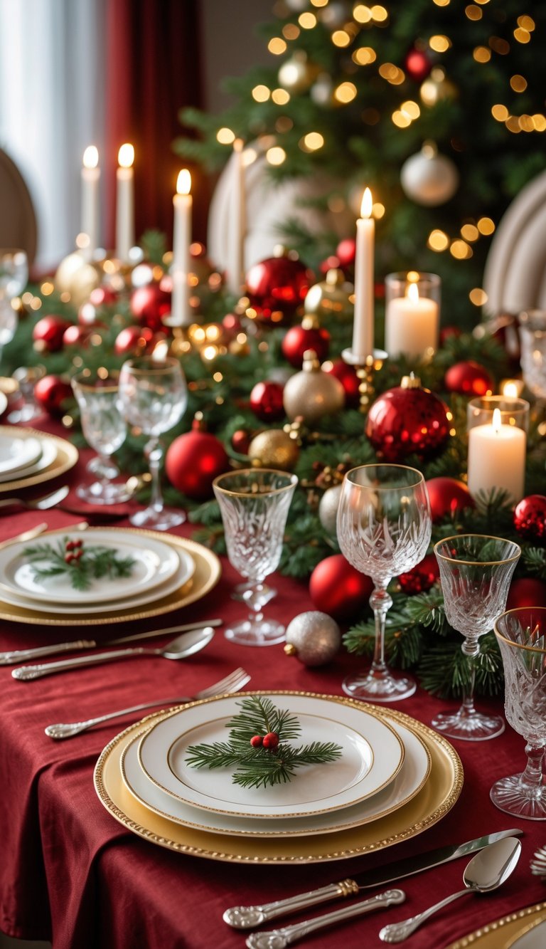 A large Christmas dining table set for 23 with gold-rimmed porcelain dinnerware, festive decorations, candles, and glassware.