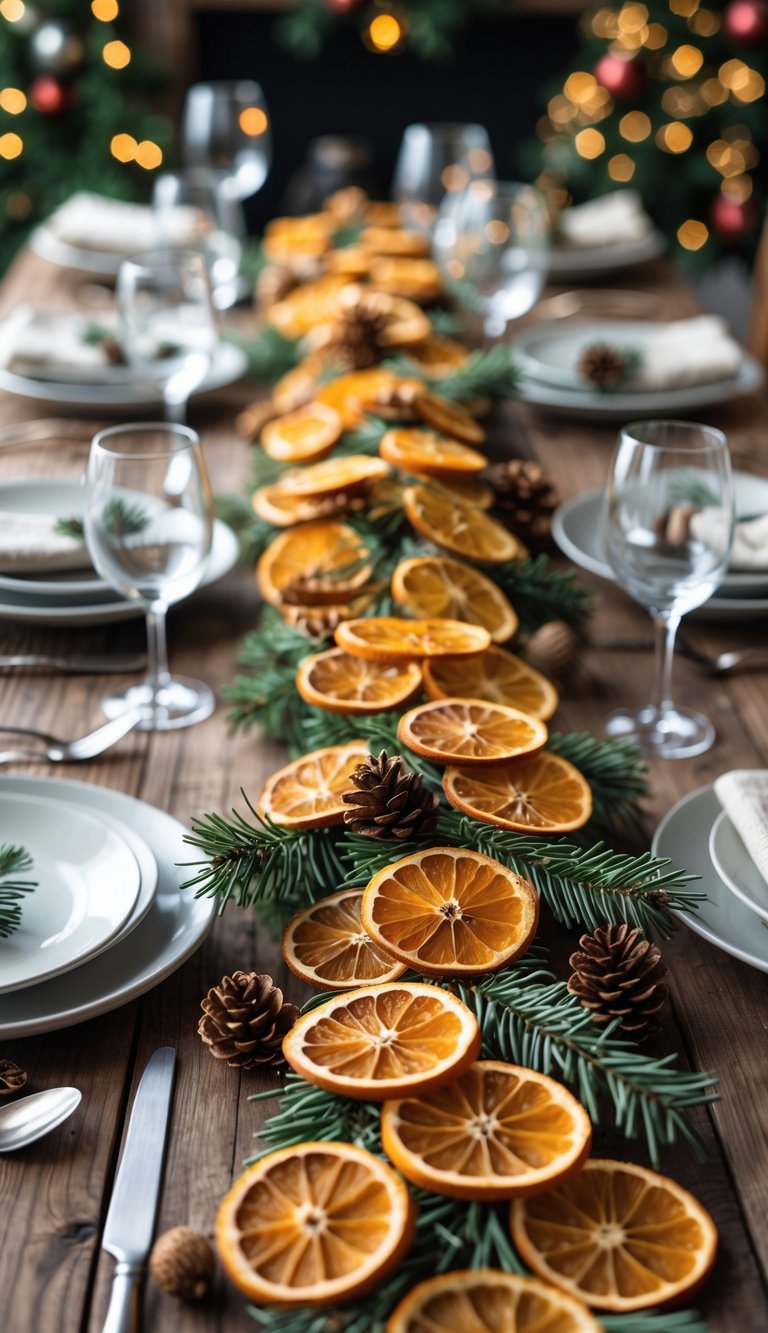 A Christmas table set with a garland of dried orange slices, pine cones, cinnamon sticks, plates, and glasses on a wooden surface.