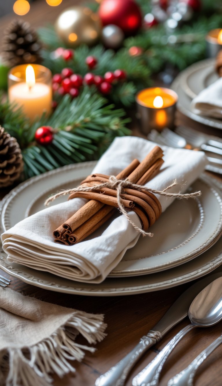 A Christmas dining table with napkins tied with cinnamon stick napkin rings, surrounded by pine branches, red berries, and candles.