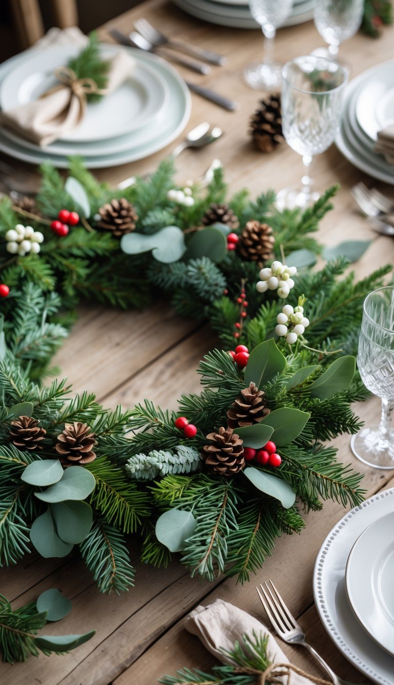 A Christmas table set with a mixed evergreen and eucalyptus wreath centerpiece surrounded by plates, cutlery, and glasses on a wooden table.