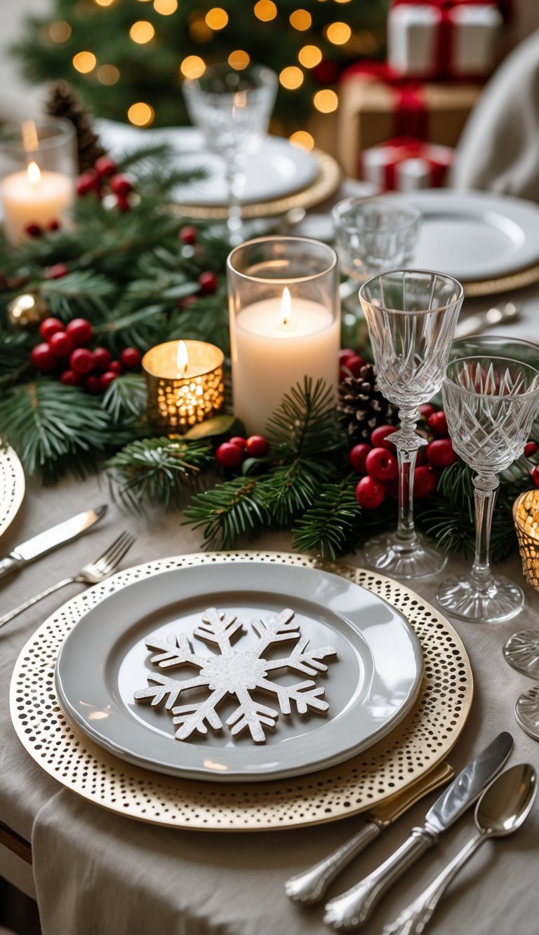 A Christmas dining table set with snowflake-shaped charger plates, white dinnerware, silver cutlery, candles, and festive decorations.