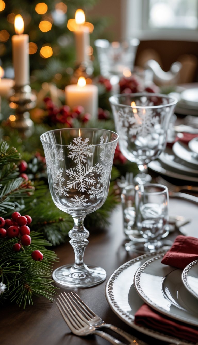 A Christmas table set with crystal glasses etched with snowflakes, decorated with pine branches, red berries, candles, plates, and silverware.