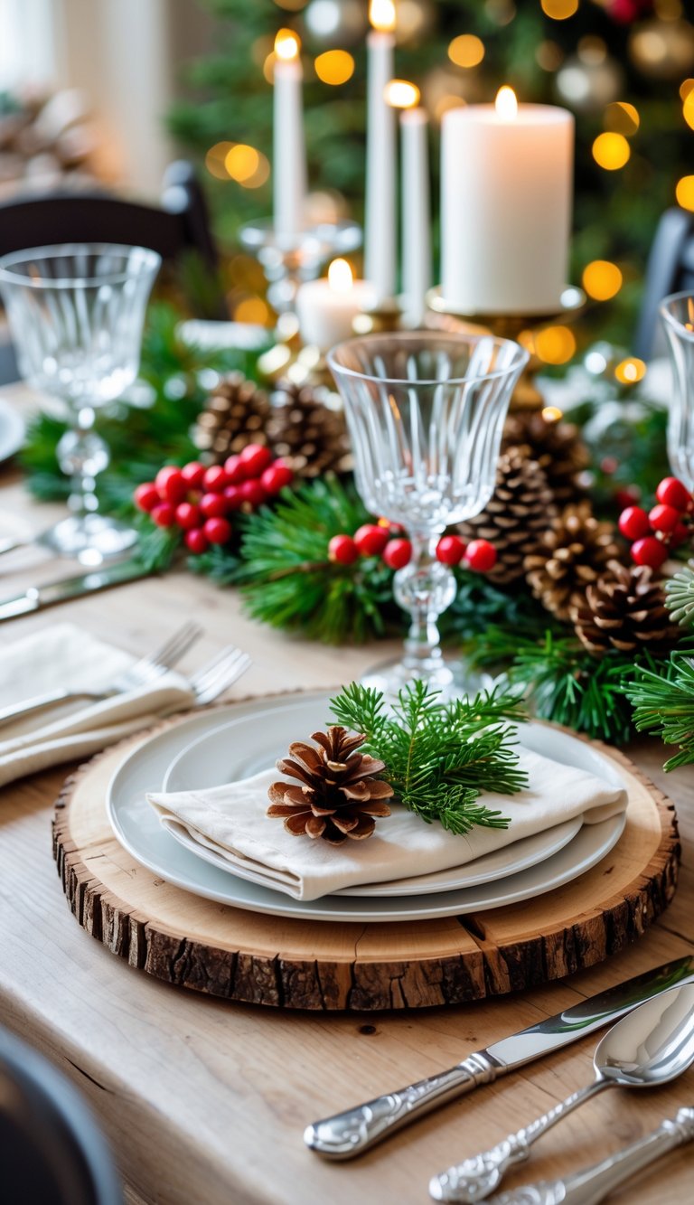 A Christmas dining table set with wood slice charger bases, plates, silverware, candles, and festive decorations like pinecones and red berries.