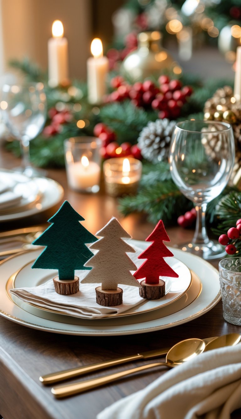 A Christmas table set with handmade felt ornament place cards next to plates, glasses, and napkins, surrounded by festive decorations.