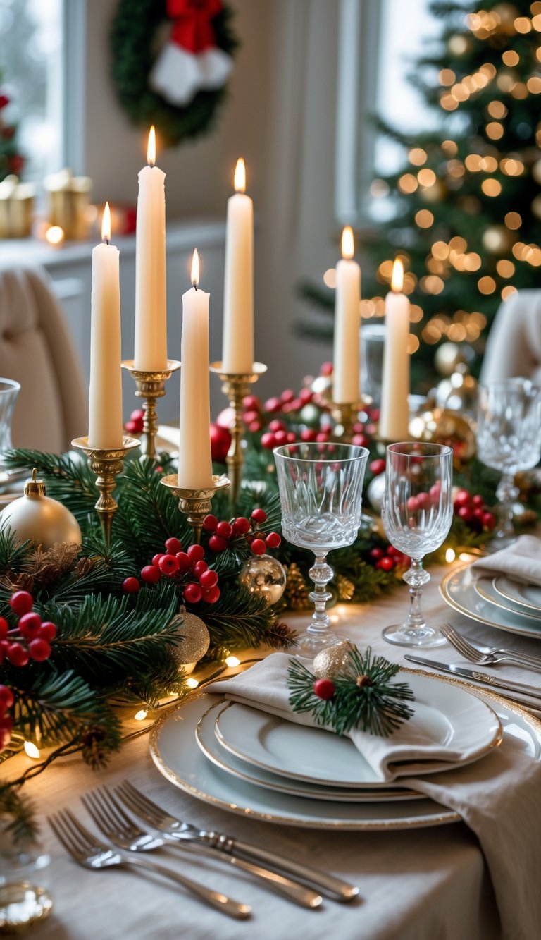 A Christmas dining table set with LED taper candles, festive decorations, plates, and glassware in a warmly lit room.