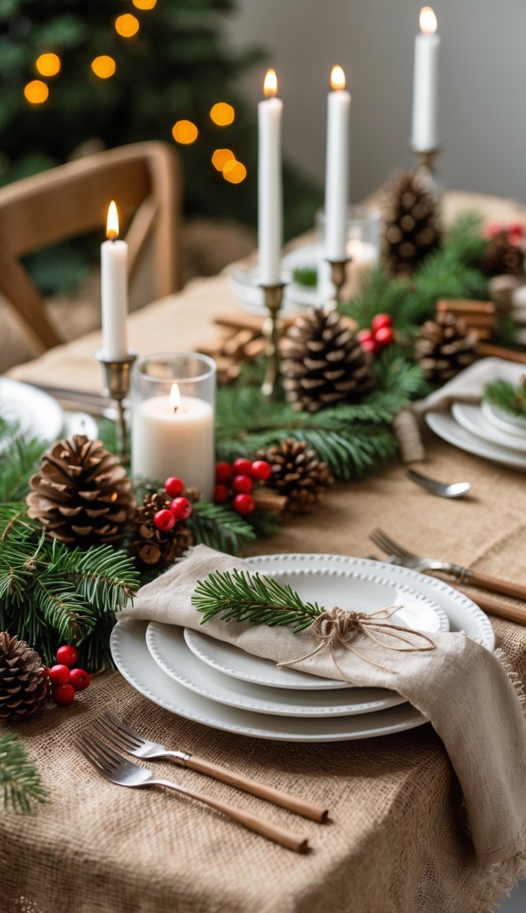 A Christmas table set with a burlap tablecloth, white plates, silverware, candles, pine cones, red berries, and evergreen sprigs.
