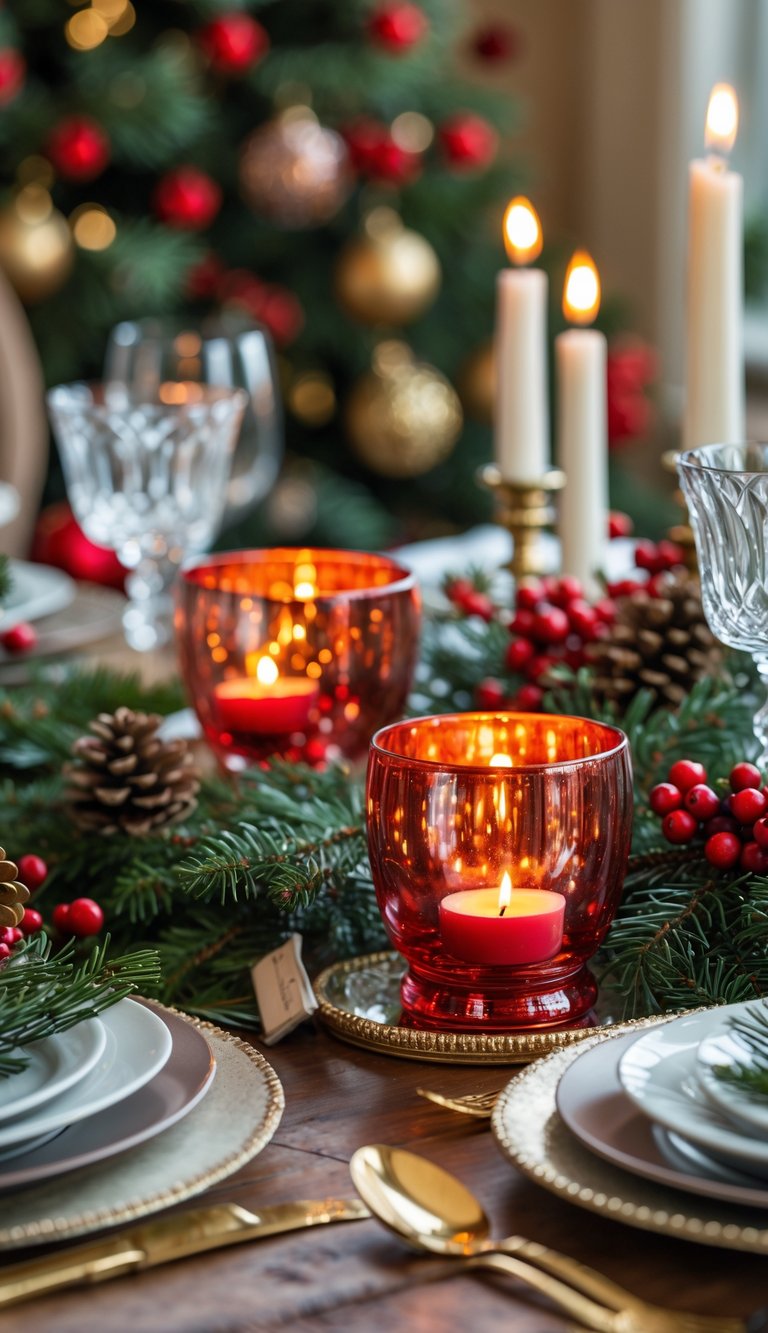 A Christmas table set with red mercury glass candle holders, pine branches, pine cones, and festive decorations.