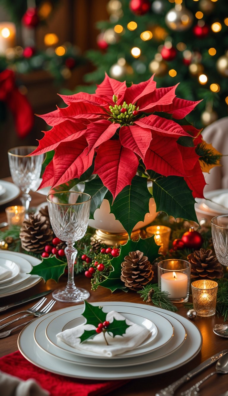A Christmas dining table with a red poinsettia centerpiece surrounded by plates, silverware, glasses, and holiday decorations.