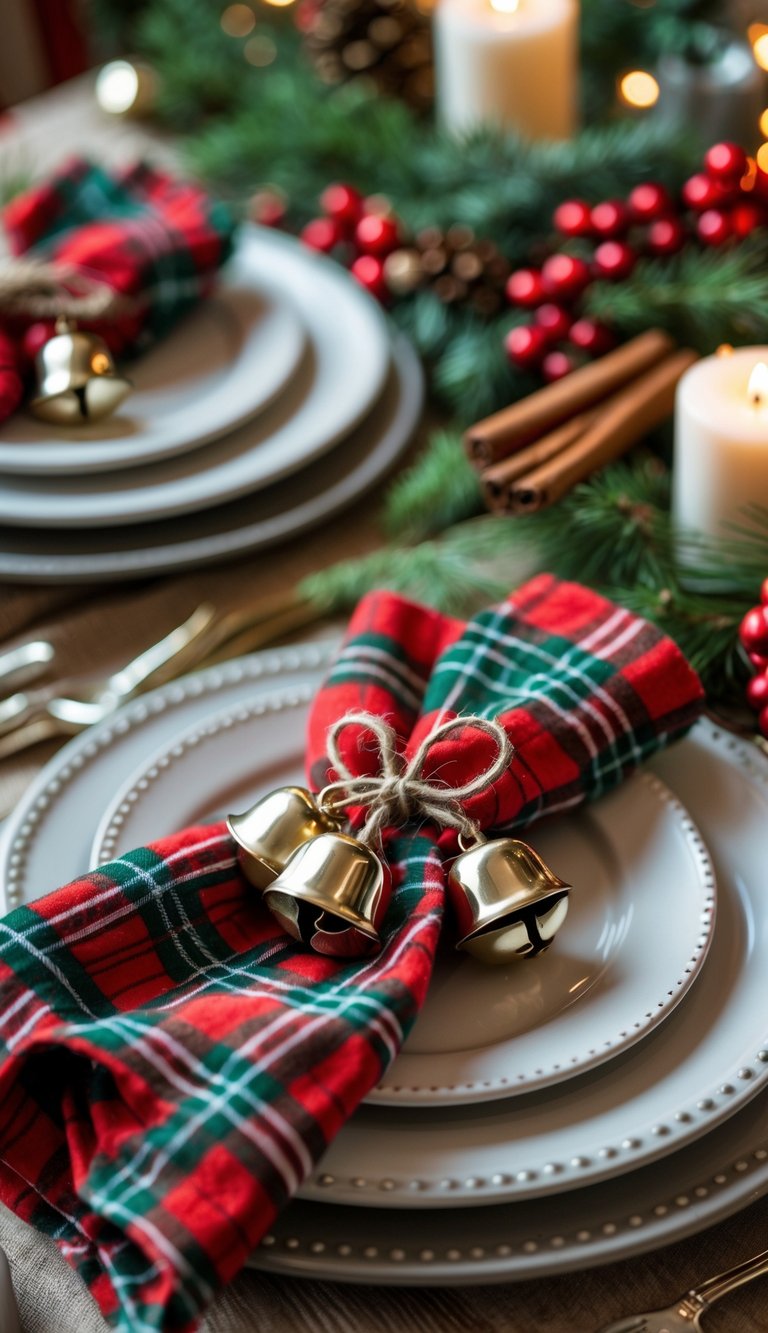 Christmas dining table with plaid flannel napkins tied with jingle bell rings, decorated with pine branches and candles.