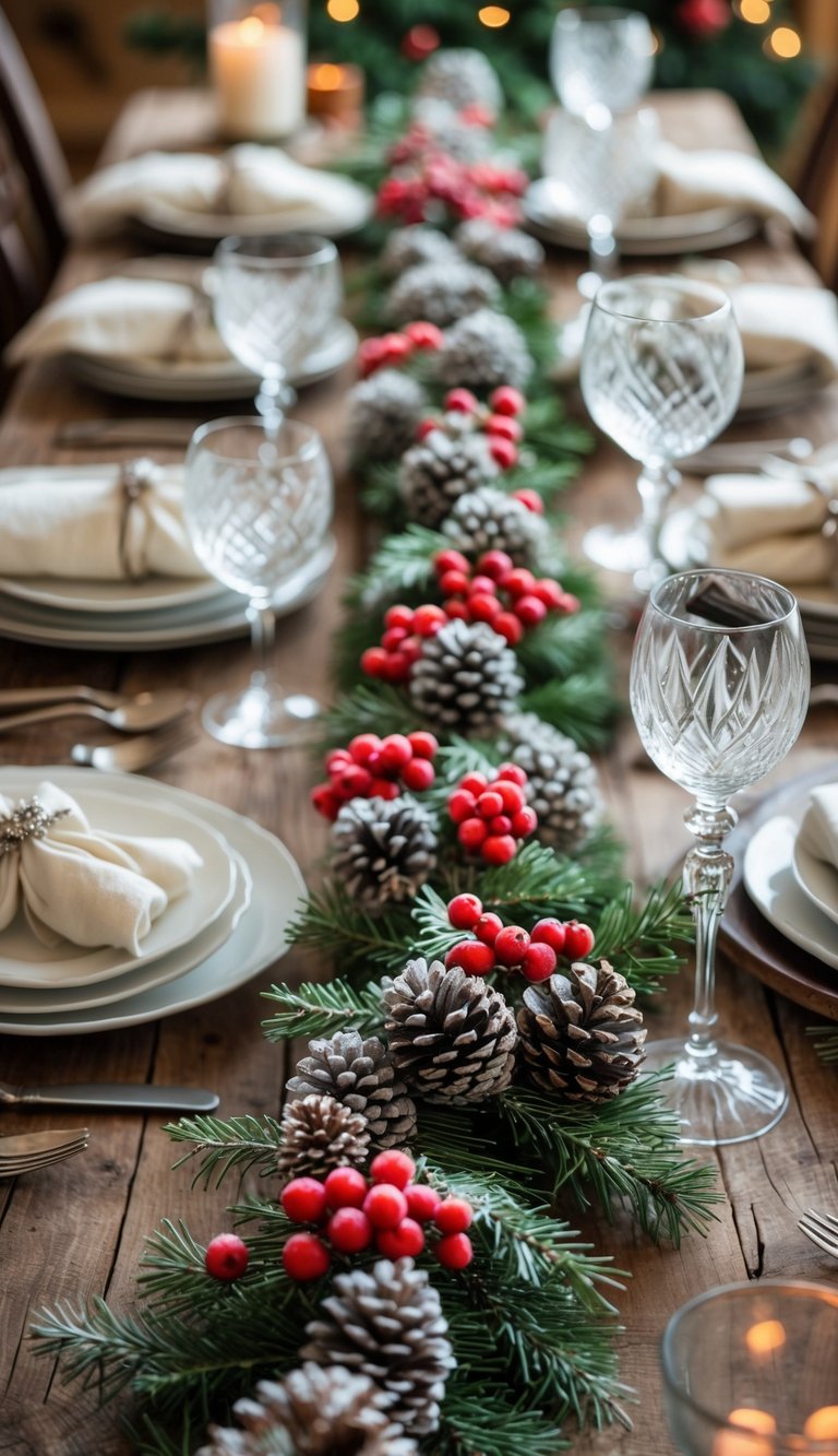 A Christmas table decorated with a frosted pinecone and berry garland, white plates, silverware, and candles.