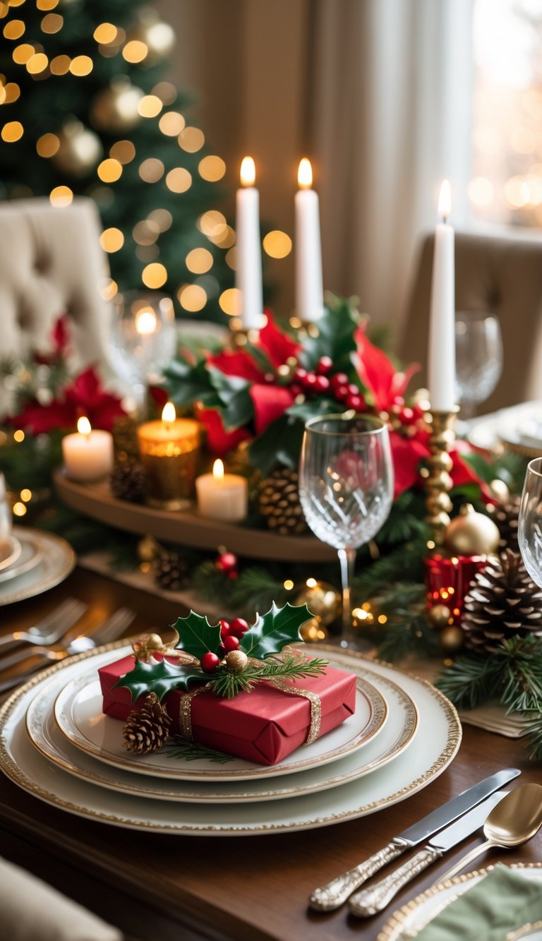 A beautifully decorated Christmas dining table with festive table settings, candles, greenery, and holiday decorations.