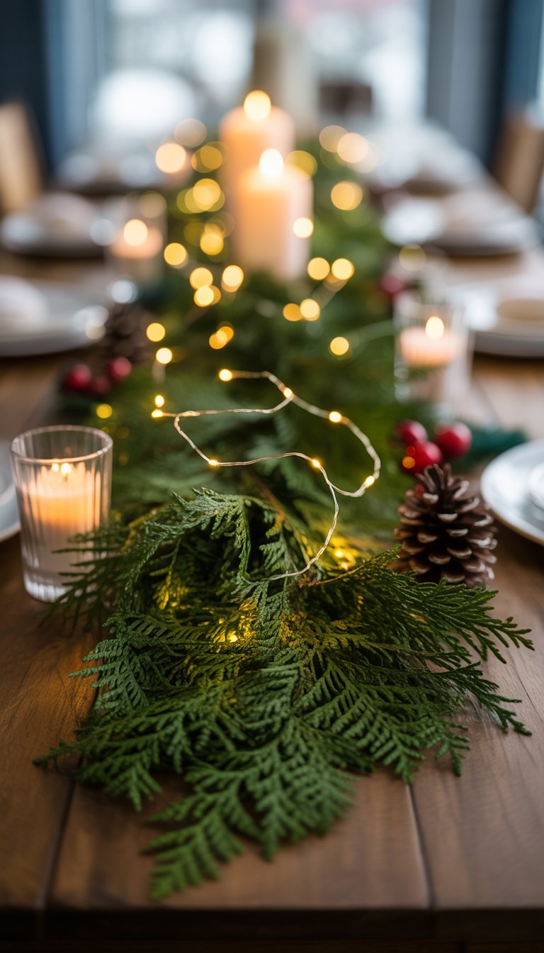 Christmas Table Decorations Ideas: 17 Cozy and Charming Styles 2 A Christmas table centerpiece with an evergreen garland decorated with fairy lights, pine cones, berries, and candles on a wooden table.